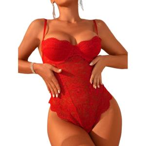 imageOYOANGLE Womens Floral Lace Sheer Mesh Cut Out Scallop Trim Underwire Teddy Lingerie BodysuitRed