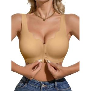 imageOYOANGLE Womens Front Closure Scalloped Wireless Bra Lightly Lined Medium Support Seamless BrasApricot