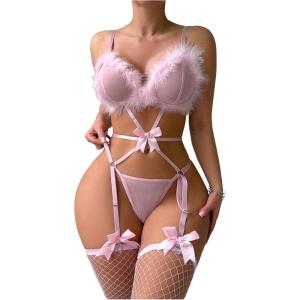 imageOYOANGLE Womens Garter Lingerie Set 3 Piece Faux Fur Teddy Lingerie Bodysuit with Fishnet StockingsPink