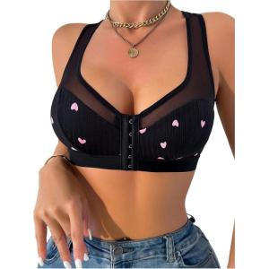 imageOYOANGLE Womens Heart Print Mesh Front Closure Wireless Bra Comfortable No Underwired Racerback BrasBlack