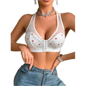 imageOYOANGLE Womens Heart Print Mesh Front Closure Wireless Bra Comfortable No Underwired Racerback BrasWhite