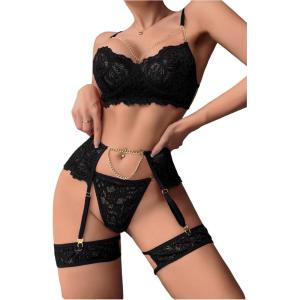 imageOYOANGLE Womens Sexy Flower Lace Lingerie Set Chain Babydoll Underwire Bra and Thongs Sets with Garter Belt Lingerie SetsBlack