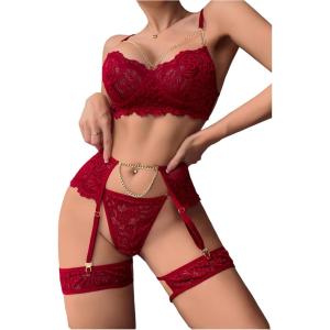 imageOYOANGLE Womens Sexy Flower Lace Lingerie Set Chain Babydoll Underwire Bra and Thongs Sets with Garter Belt Lingerie SetsBurgundy