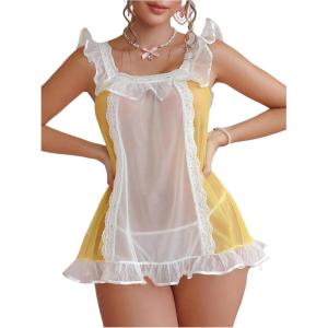 imageOYOANGLE Womens Sheer Lingerie Set Lace Mesh Ruffle Chemise Nightgown with G String Babydoll LingerieWhite Yellow