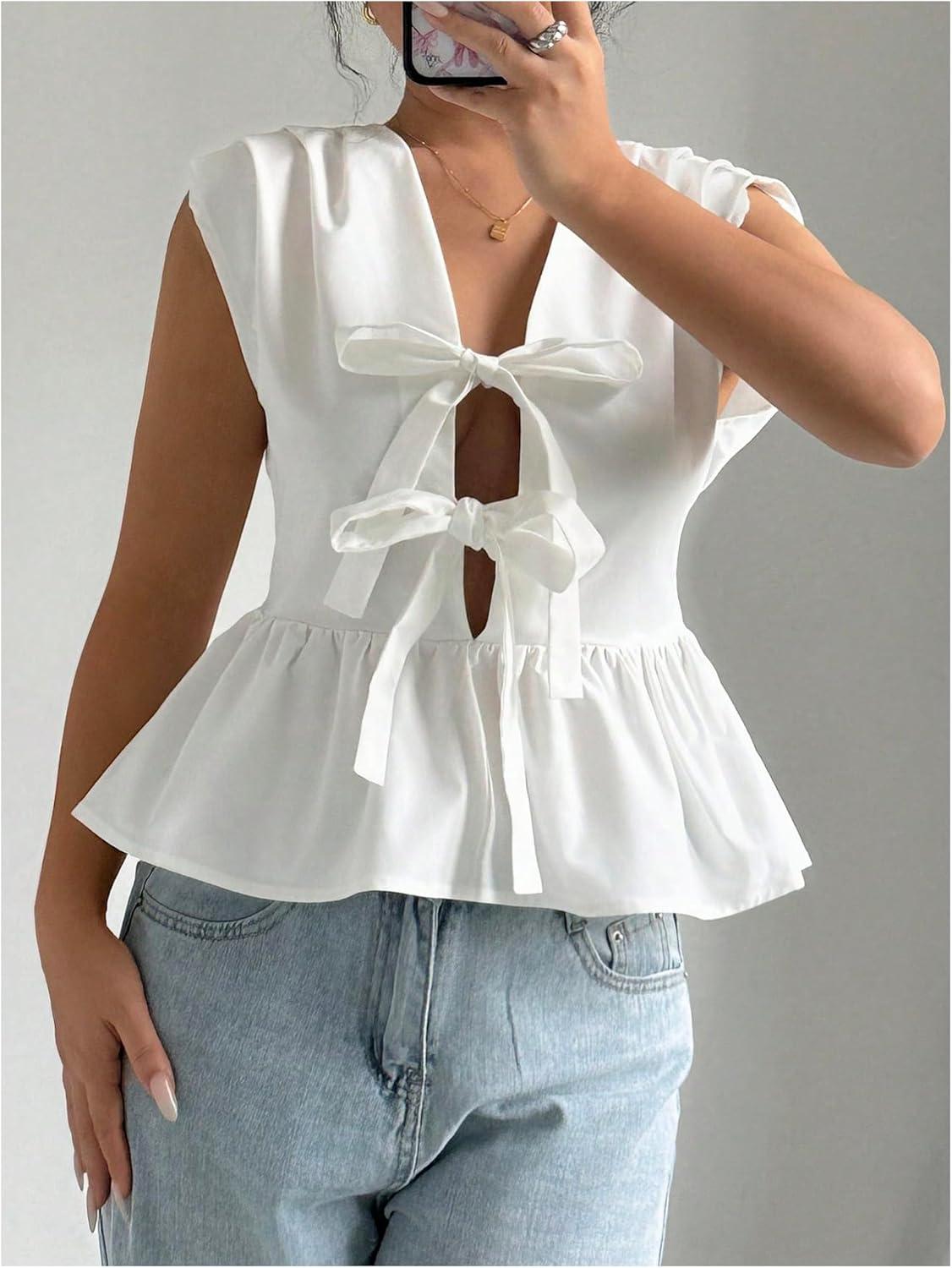 imageOYOANGLE Womens Bow Tie Front V Neck Peplum Tank Top Sleeveless Deep V Neck Babydoll Blouse TopsWhite