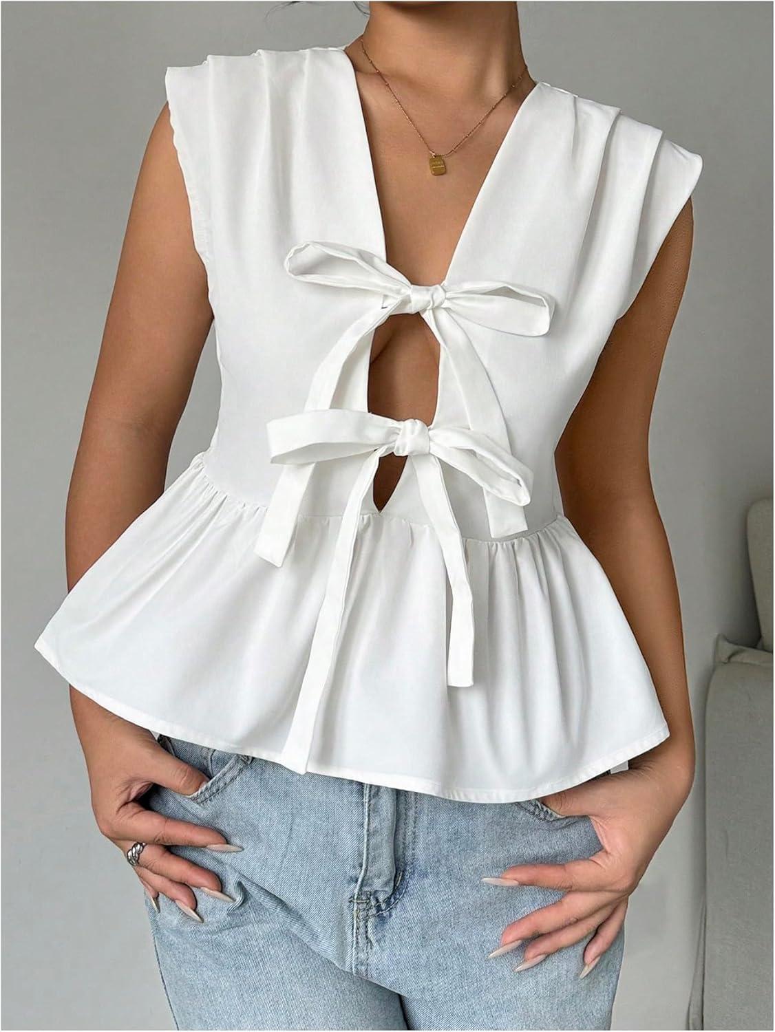 imageOYOANGLE Womens Bow Tie Front V Neck Peplum Tank Top Sleeveless Deep V Neck Babydoll Blouse TopsWhite