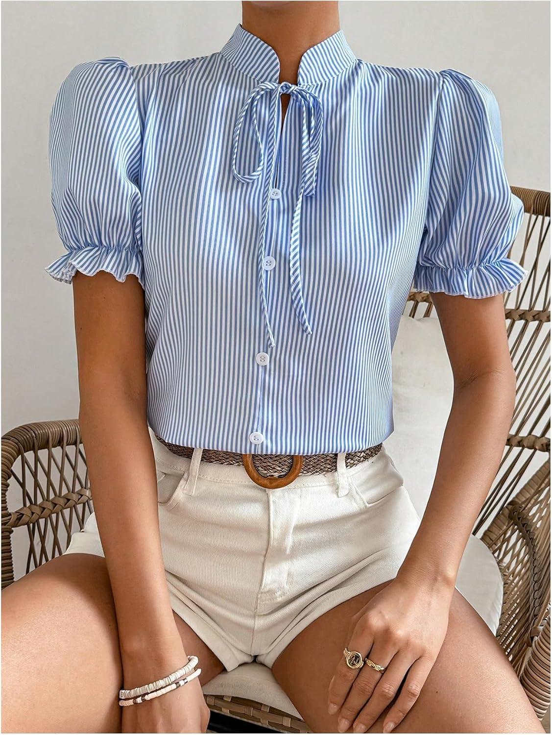 imageOYOANGLE Womens Button Down Striped Print Blouse Tie Neck Puff Short Sleeve Casual ShirtsBlue