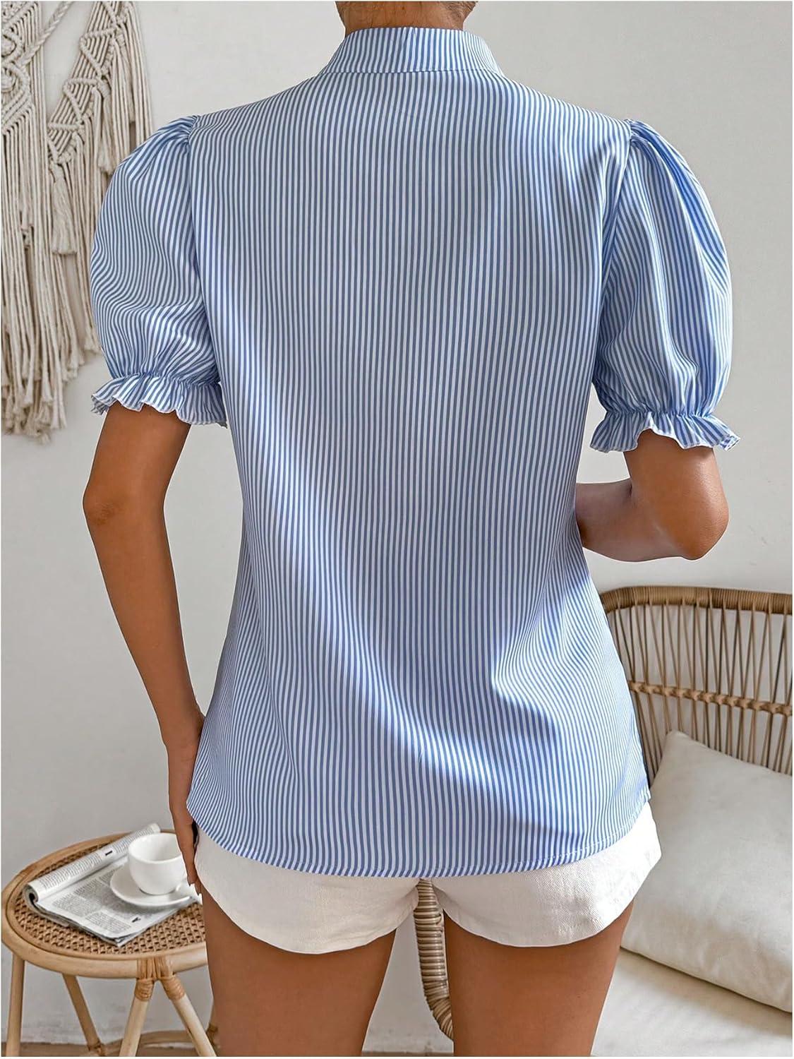 imageOYOANGLE Womens Button Down Striped Print Blouse Tie Neck Puff Short Sleeve Casual ShirtsBlue