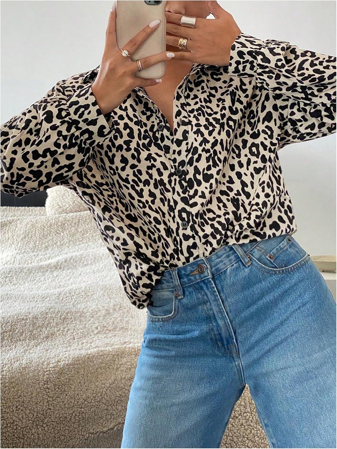 imageOYOANGLE Womens Cheetah Print Button Down Blouse Long Sleeve Collared Shirts Leopard Casual Loose Work TopsMulticolor