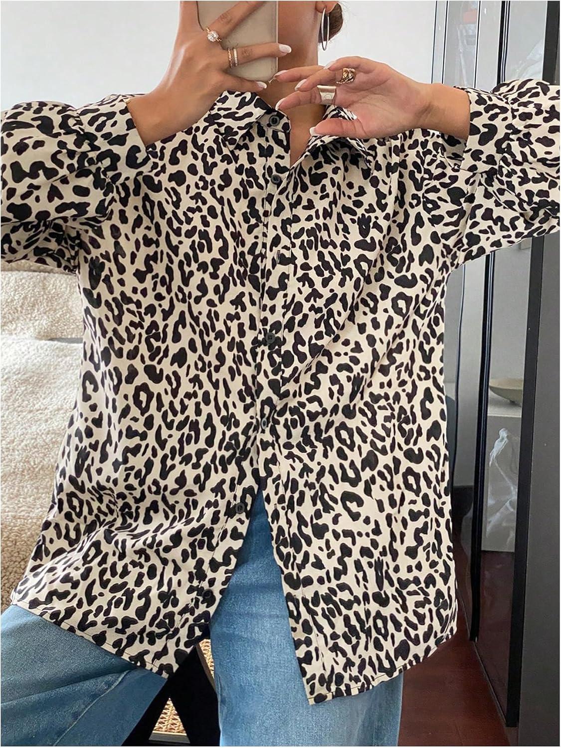 imageOYOANGLE Womens Cheetah Print Button Down Blouse Long Sleeve Collared Shirts Leopard Casual Loose Work TopsMulticolor