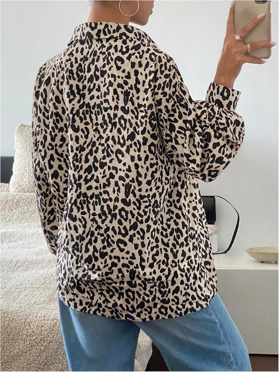 imageOYOANGLE Womens Cheetah Print Button Down Blouse Long Sleeve Collared Shirts Leopard Casual Loose Work TopsMulticolor