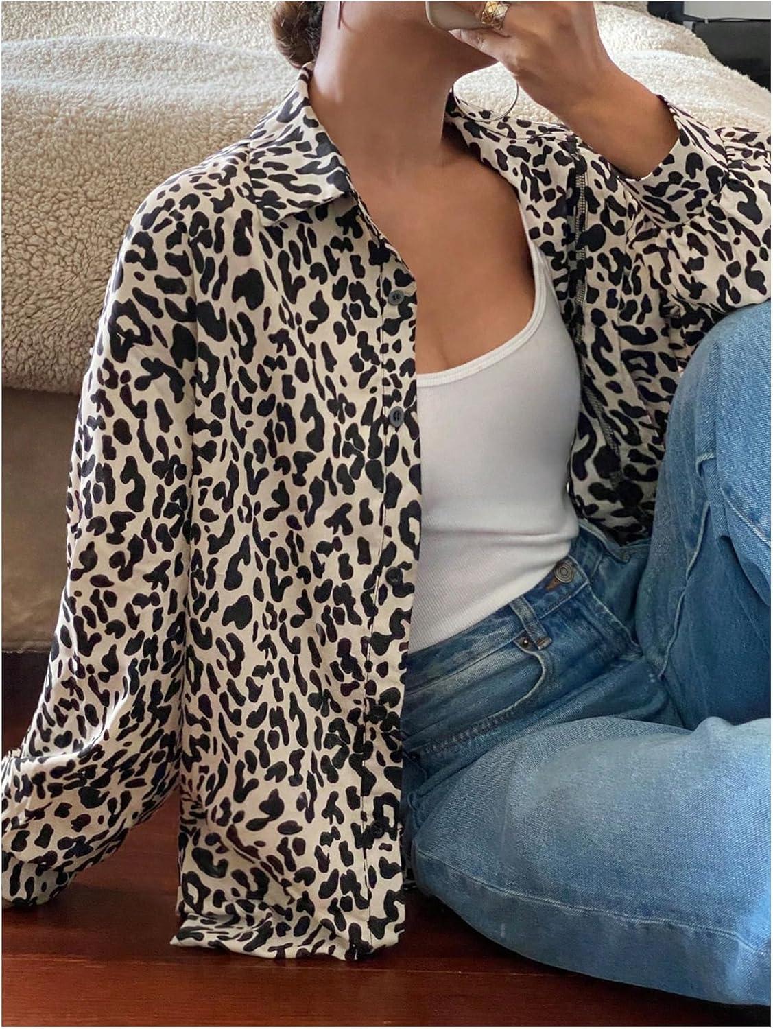 imageOYOANGLE Womens Cheetah Print Button Down Blouse Long Sleeve Collared Shirts Leopard Casual Loose Work TopsMulticolor