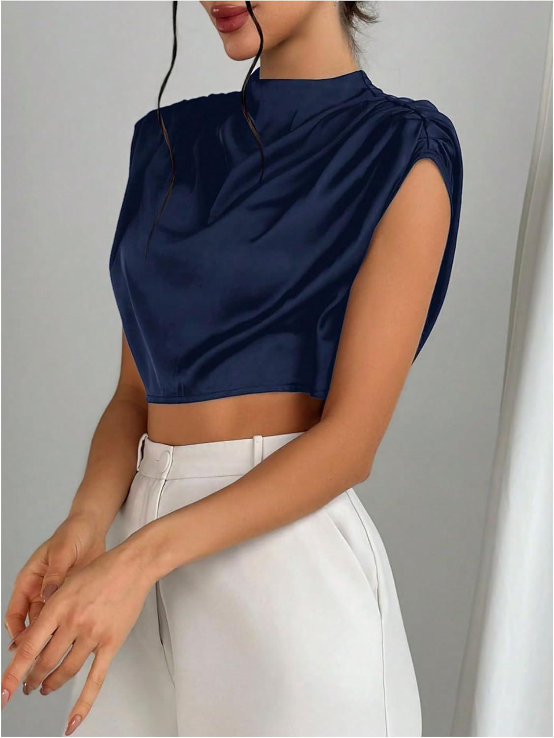 imageOYOANGLE Womens Elegant Cap Sleeve Ruched Blouse Mock Neck Work Dressy Casual Cropped TopsDeep Blue