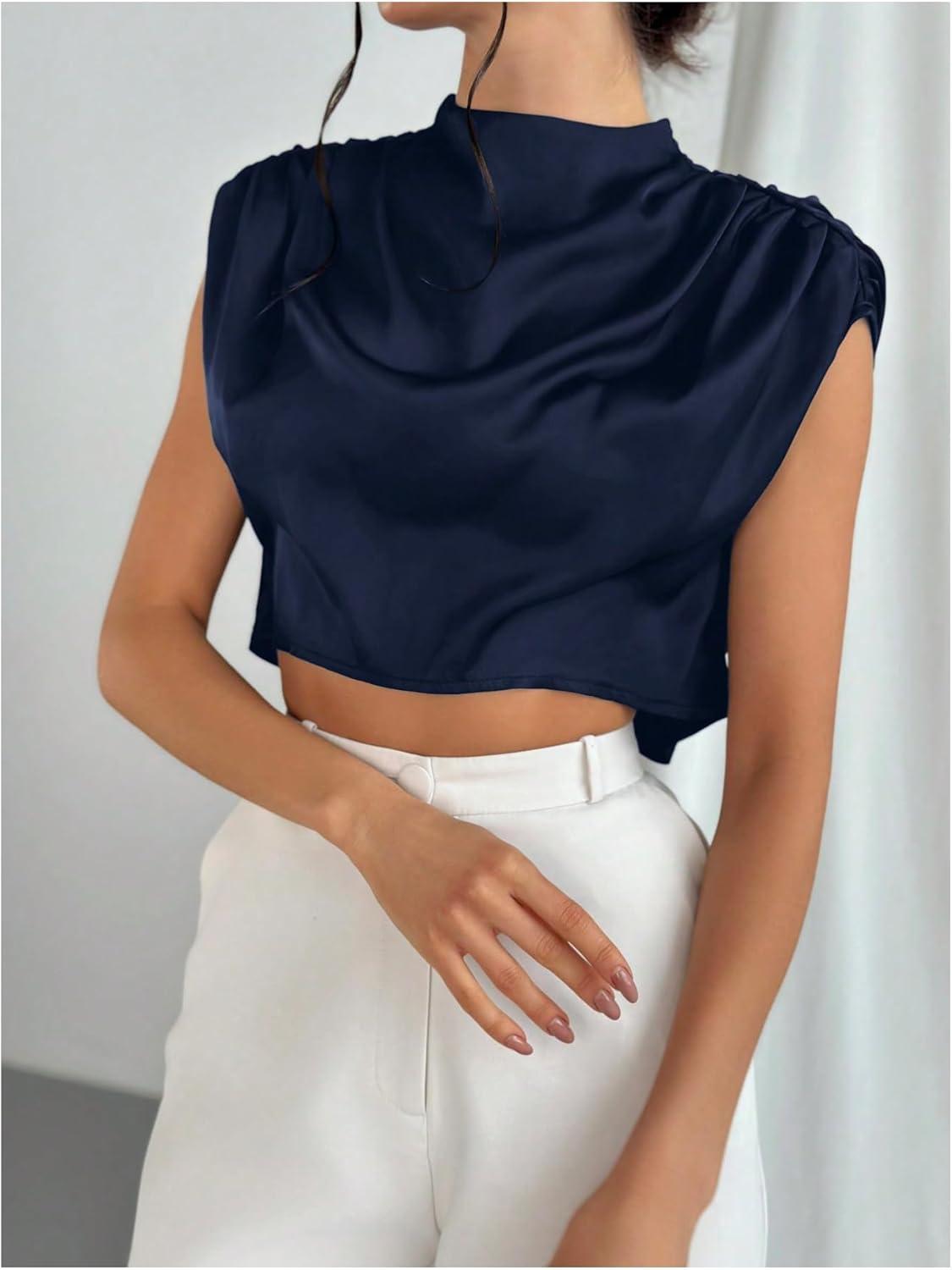 imageOYOANGLE Womens Elegant Cap Sleeve Ruched Blouse Mock Neck Work Dressy Casual Cropped TopsDeep Blue