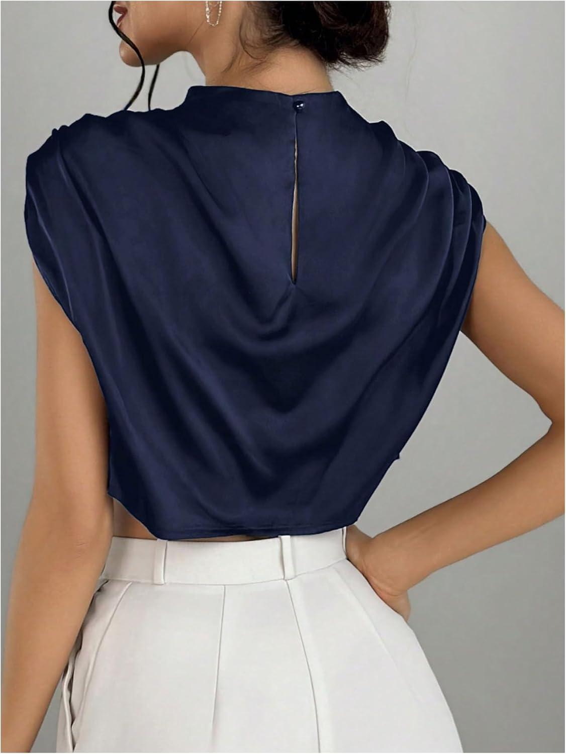 imageOYOANGLE Womens Elegant Cap Sleeve Ruched Blouse Mock Neck Work Dressy Casual Cropped TopsDeep Blue
