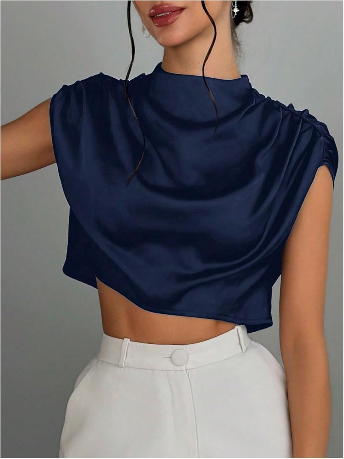 imageOYOANGLE Womens Elegant Cap Sleeve Ruched Blouse Mock Neck Work Dressy Casual Cropped TopsDeep Blue