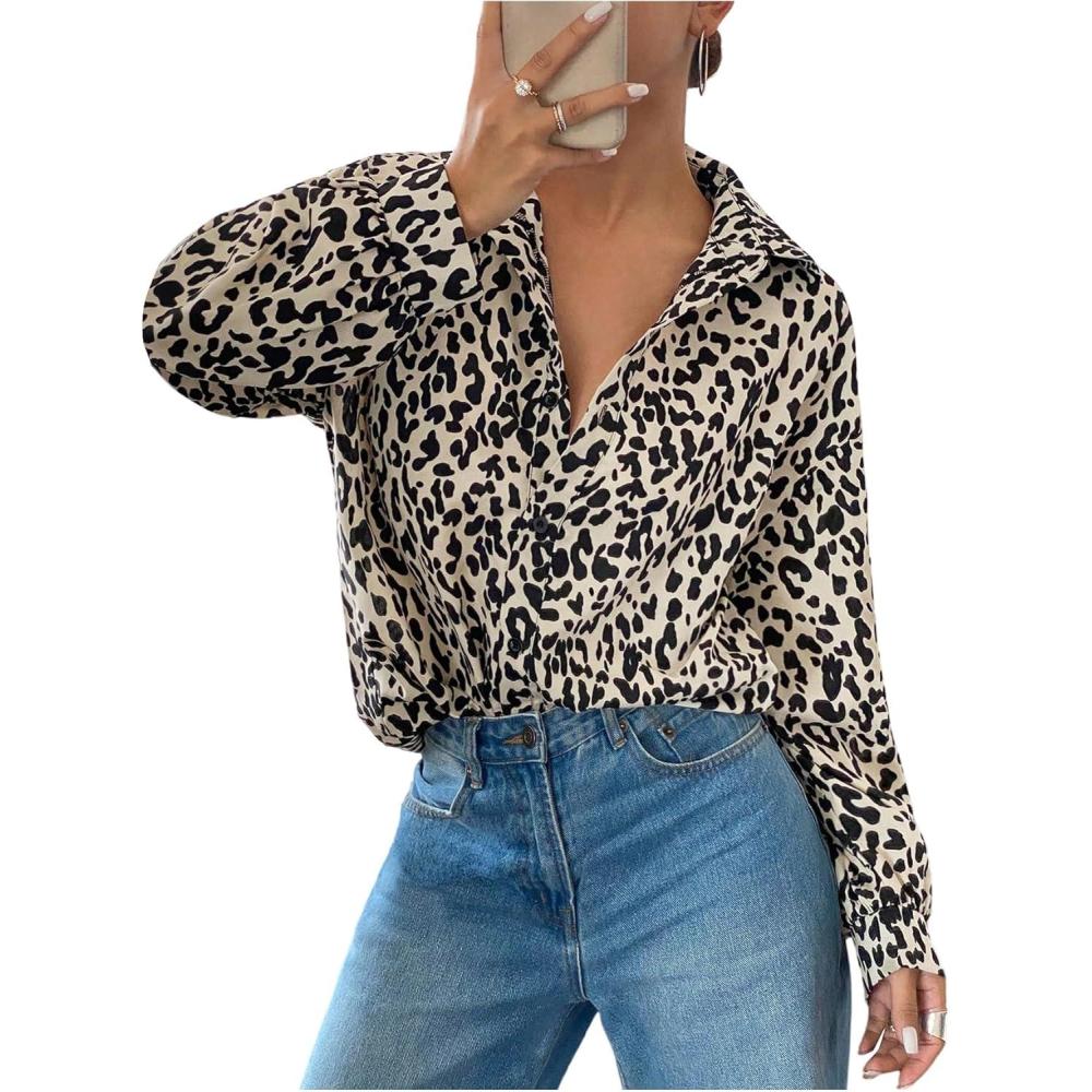 imageOYOANGLE Womens Cheetah Print Button Down Blouse Long Sleeve Collared Shirts Leopard Casual Loose Work TopsMulticolor