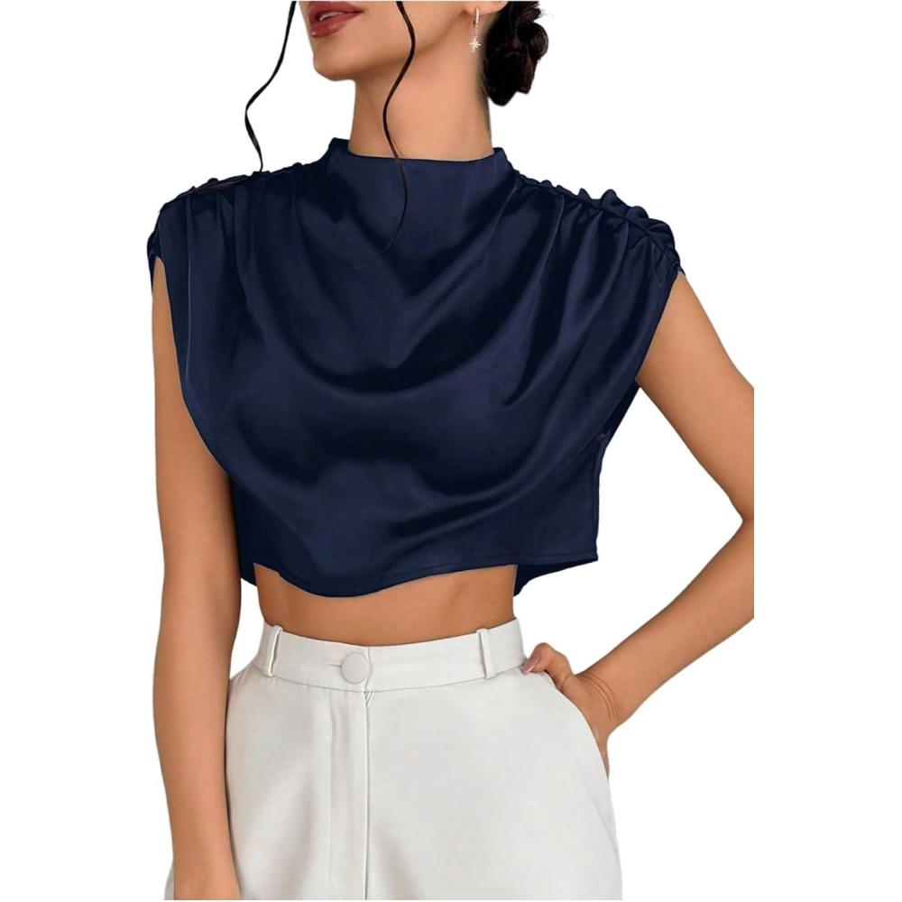imageOYOANGLE Womens Elegant Cap Sleeve Ruched Blouse Mock Neck Work Dressy Casual Cropped TopsDeep Blue