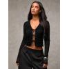 imageOYOANGLE Womens Bow Tie Front Ruched Long Sleeve Shirts Cut Out V Neck Fitted Crop TopsBlack