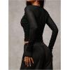 imageOYOANGLE Womens Bow Tie Front Ruched Long Sleeve Shirts Cut Out V Neck Fitted Crop TopsBlack