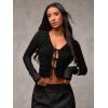 imageOYOANGLE Womens Bow Tie Front Ruched Long Sleeve Shirts Cut Out V Neck Fitted Crop TopsBlack