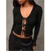 imageOYOANGLE Womens Bow Tie Front Ruched Long Sleeve Shirts Cut Out V Neck Fitted Crop TopsBlack