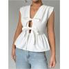 imageOYOANGLE Womens Bow Tie Front V Neck Peplum Tank Top Sleeveless Deep V Neck Babydoll Blouse TopsWhite