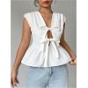 imageOYOANGLE Womens Bow Tie Front V Neck Peplum Tank Top Sleeveless Deep V Neck Babydoll Blouse TopsWhite