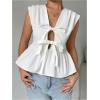 imageOYOANGLE Womens Bow Tie Front V Neck Peplum Tank Top Sleeveless Deep V Neck Babydoll Blouse TopsWhite