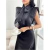 imageOYOANGLE Womens Bow Tie Neck Ruffle Sleeveless Blouses Fitted Elegant Office Shirt TopsBlack