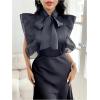 imageOYOANGLE Womens Bow Tie Neck Ruffle Sleeveless Blouses Fitted Elegant Office Shirt TopsBlack