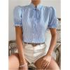 imageOYOANGLE Womens Button Down Striped Print Blouse Tie Neck Puff Short Sleeve Casual ShirtsBlue