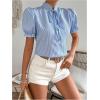 imageOYOANGLE Womens Button Down Striped Print Blouse Tie Neck Puff Short Sleeve Casual ShirtsBlue