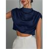 imageOYOANGLE Womens Elegant Cap Sleeve Ruched Blouse Mock Neck Work Dressy Casual Cropped TopsDeep Blue