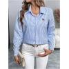 imageOYOANGLE Womens Embroidered Striped Button Down Shirts Long Sleeve Collared Shirt Office Work Classy BlouseBlue and White