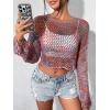 imageOYOANGLE Womens Mesh Crochet Crop Top Long Sleeve Hollow Out Knit See Through Lightweight SweaterMulticolor