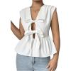 imageOYOANGLE Womens Bow Tie Front V Neck Peplum Tank Top Sleeveless Deep V Neck Babydoll Blouse TopsWhite