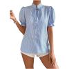 imageOYOANGLE Womens Button Down Striped Print Blouse Tie Neck Puff Short Sleeve Casual ShirtsBlue