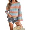 imageOYOANGLE Womens Colorful Rainbow Striped Sweater Scallop Trim Crew Neck Flare Long Sleeves Fall Knit SweaterMulticolor