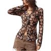 imageOYOANGLE Womens Floral Print Long Sleeve Blouses Ruched Button Front Mesh V Neck Y2K ShirtsBlack and Orange