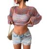 imageOYOANGLE Womens Mesh Crochet Crop Top Long Sleeve Hollow Out Knit See Through Lightweight SweaterMulticolor