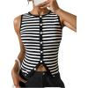 imageOYOANGLE Womens Striped Button Up Tank Top Sleeveless Ribbed Knit Vest Tops Old Money ClothesBlack