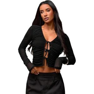 imageOYOANGLE Womens Bow Tie Front Ruched Long Sleeve Shirts Cut Out V Neck Fitted Crop TopsBlack