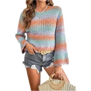 imageOYOANGLE Womens Colorful Rainbow Striped Sweater Scallop Trim Crew Neck Flare Long Sleeves Fall Knit SweaterMulticolor