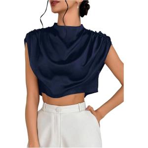 imageOYOANGLE Womens Elegant Cap Sleeve Ruched Blouse Mock Neck Work Dressy Casual Cropped TopsDeep Blue