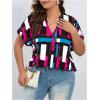 imageOYOANGLE Womens Plus Size Blouses Summer Casual Print Short Sleeve V Neck Office Shirt TopsPink Blue
