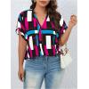 imageOYOANGLE Womens Plus Size Blouses Summer Casual Print Short Sleeve V Neck Office Shirt TopsPink Blue