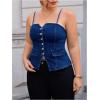 imageOYOANGLE Womens Plus Size Button Up Denim Cami Top Spaghetti Strap Fitted Jean TopsBlue