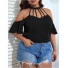 imageOYOANGLE Womens Plus Size Cold Shoulder Halter Blouse Cut Out Ruffle Half Sleeve Shirt TopsBlack