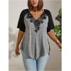 imageOYOANGLE Womens Plus Size Contrast Lace Colorblock V Neck Short Sleeve Tee Shirt Asymmetrical Hem Loose TeesBlack Grey